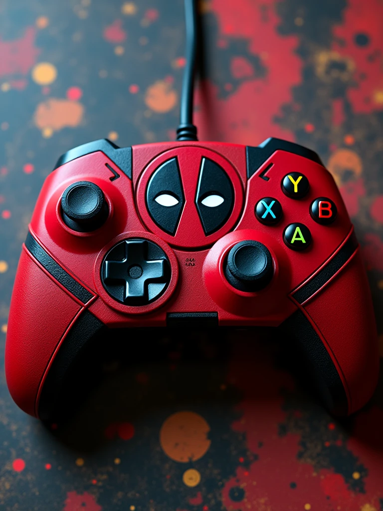 A vibrant and eye-catching game pad designed in Deadpool's signature style. The main body of the game pad is a bold red, mimicking Deadpool's iconic suit. Black accents are strategically placed, covering the grips and buttons, echoing the black patches and detailing on his costume. 

The game pad's analog sticks are designed to resemble Deadpool's eyes, with white circles on a black background, adding a playful and distinctive touch. The directional pad and action buttons (A, B, X, Y) are highlighted in bright, contrasting colors to ensure visibility and add to the dynamic look. 

Deadpool's emblem, a stylized version of his mask, is prominently featured in the center of the game pad, possibly illuminated with a subtle backlight for an extra flair. The shoulder buttons and triggers are enhanced with a textured, matte finish for better grip, incorporating small Deadpool-themed designs or insignia.

The overall design is completed with small, witty details and Easter eggs, such as Deadpool's signature katanas subtly embossed along the sides or humorous quotes inscribed on the back. The final product is a perfect blend of functionality and Deadpool's irreverent, fun-loving spirit, making it an ideal accessory for fans of the Merc with a Mouth.