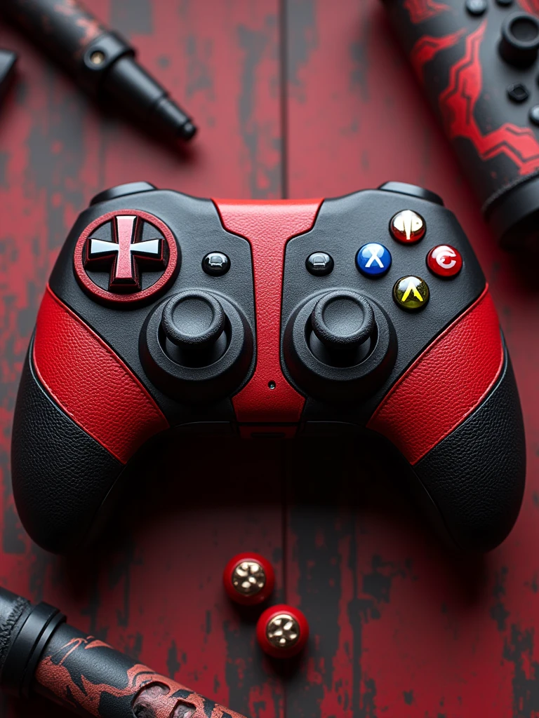 A vibrant and eye-catching game pad designed in Deadpool's signature style. The main body of the game pad is a bold red, mimicking Deadpool's iconic suit. Black accents are strategically placed, covering the grips and buttons, echoing the black patches and detailing on his costume. 

The game pad's analog sticks are designed to resemble Deadpool's eyes, with white circles on a black background, adding a playful and distinctive touch. The directional pad and action buttons (A, B, X, Y) are highlighted in bright, contrasting colors to ensure visibility and add to the dynamic look. 

Deadpool's emblem, a stylized version of his mask, is prominently featured in the center of the game pad, possibly illuminated with a subtle backlight for an extra flair. The shoulder buttons and triggers are enhanced with a textured, matte finish for better grip, incorporating small Deadpool-themed designs or insignia.

The overall design is completed with small, witty details and Easter eggs, such as Deadpool's signature katanas subtly embossed along the sides or humorous quotes inscribed on the back. The final product is a perfect blend of functionality and Deadpool's irreverent, fun-loving spirit, making it an ideal accessory for fans of the Merc with a Mouth.