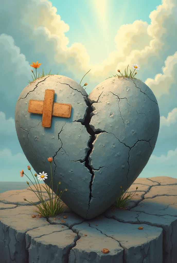 A heart of stone cracked by a rusty band-aid being repaired by another band-aid