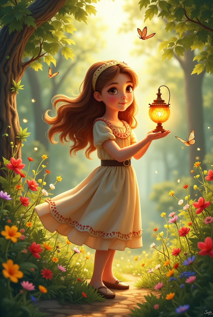 Sophia ek chhote se gaon mein rehti hai
- Uska ek sundar bagicha hai
- Wahaan ek jadui chirag hai
Image prompt: A scene from a small village, Sophia is standing in the garden, jadui chirag uske haath mein hai