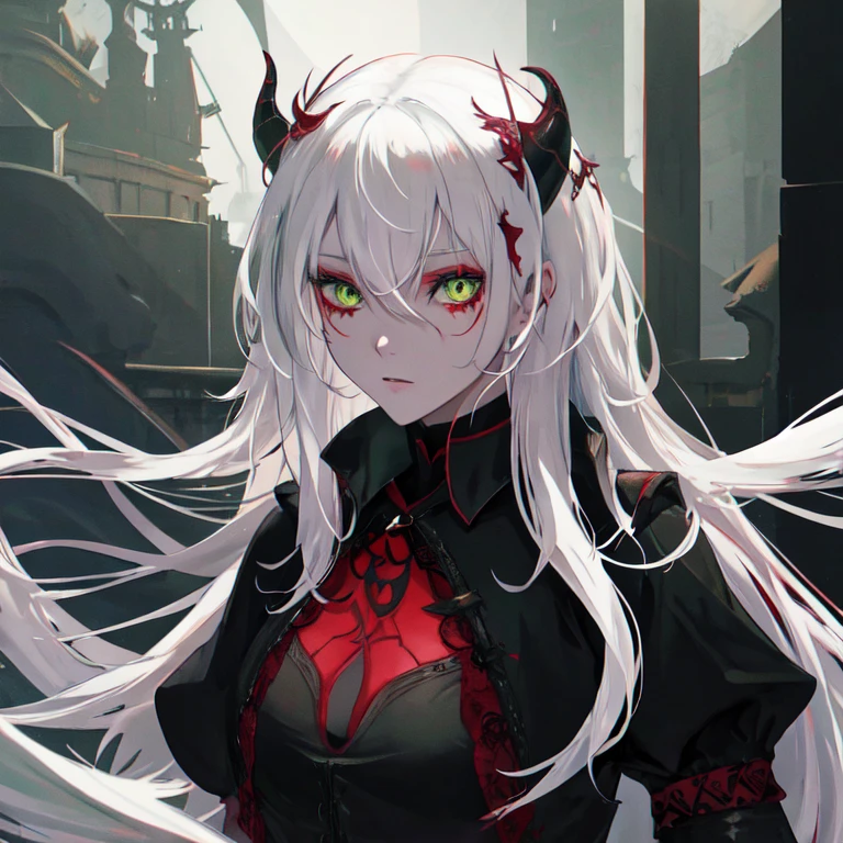 A pretty demon girl with white hair and green eyes, wearing a black top with red skin, in castle