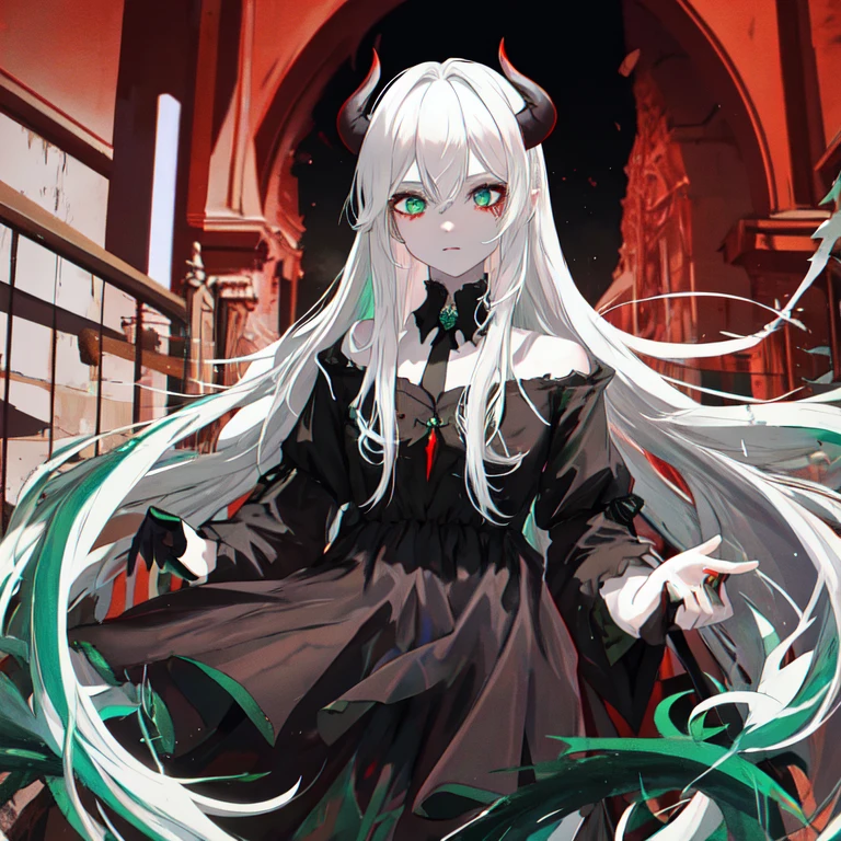 A pretty demon girl with white hair and green eyes, wearing a black top with red skin, in castle 