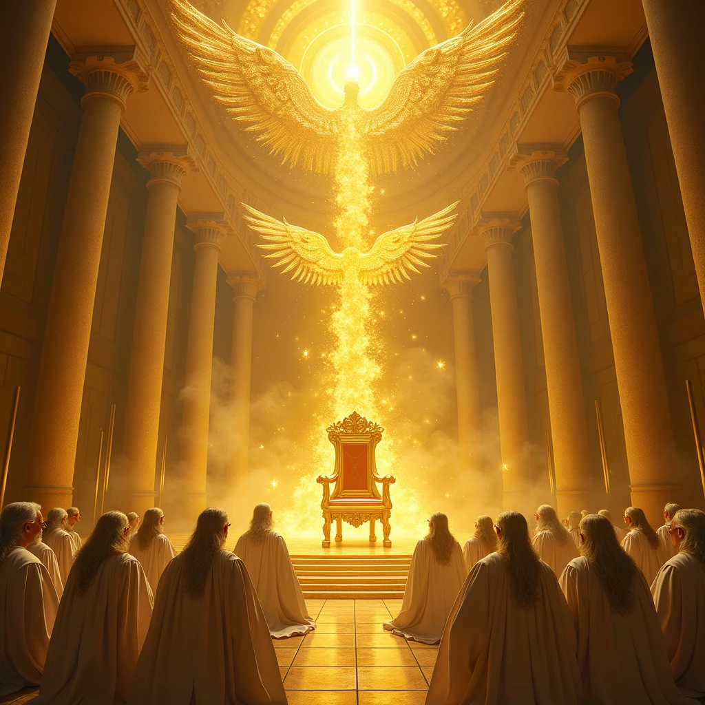 A majestic throne surrounded by 24 elders in white robes, seated in a semi-circle. Above the throne, four powerful, otherworldly creatures with wings and eyes all over their bodies. The throne emits a radiant, golden light, symbolizing divine authority.