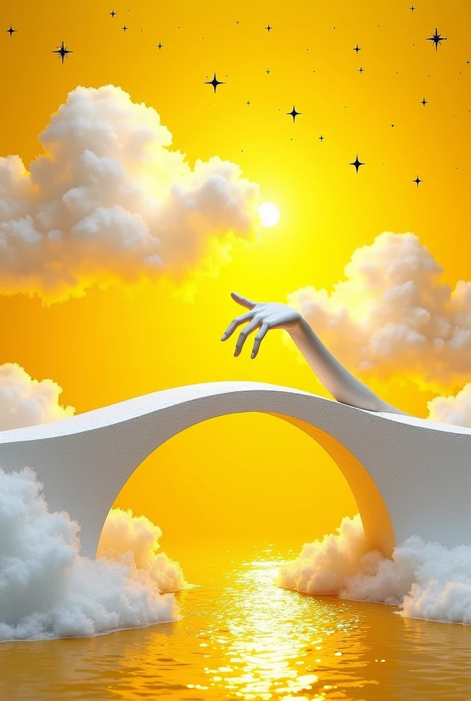 White hand under a white bridge to cross a yellow river on a yellow background with black stars, magenta paste, and white earth