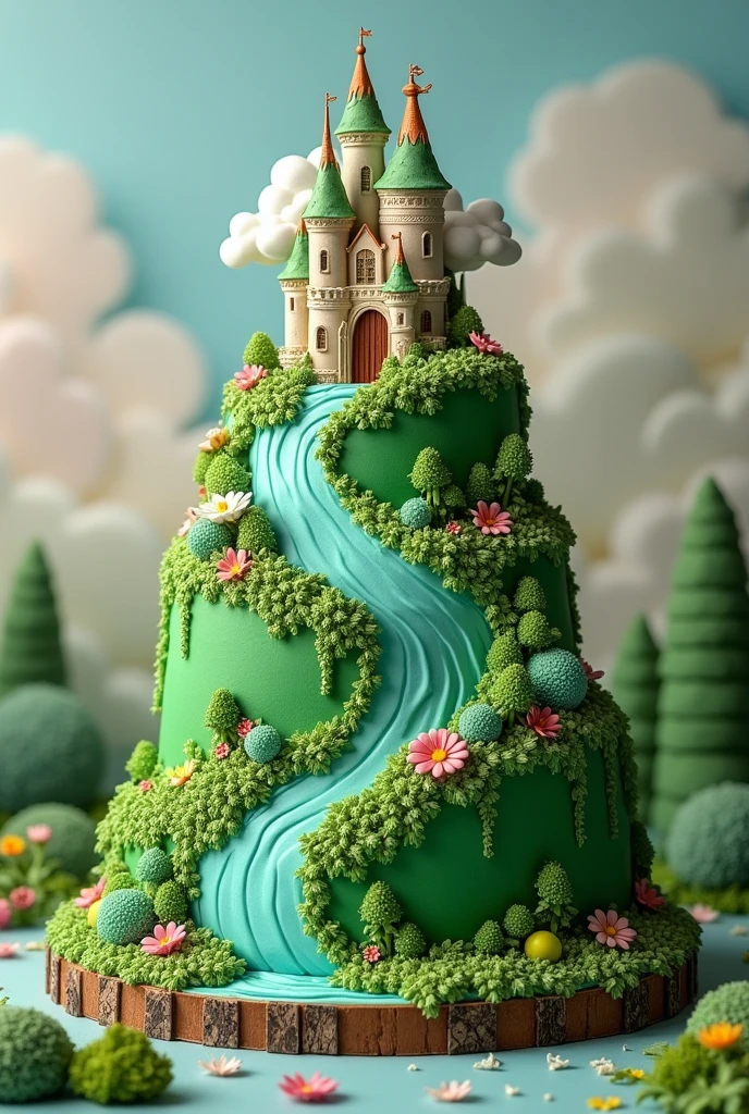 A cake that has the theme of the movie Howl's Moving Castle from Studio Ghibli, in shades of green