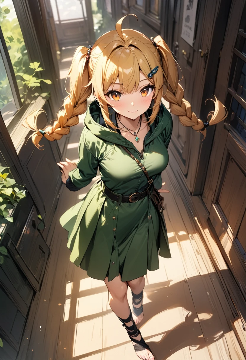 (masterpiece),(best quality),(ultra-detailed),(best illustration),(best shadow),(absurdres),(detailed background),(very aesthetic), 1girl, solo, twin-braids, braid, ankle-wrap, long-hair, blonde-hair, smile, simple-background, hair-ornament, ahoge, hood, hood-down, orange-hair, necklace, jewelry, full-body, looking-at-viewer, barefoot, toeless-legwear, hairclip, twintails, skirt, long-sleeves, orange-eyes, belt, breasts, green clothes,
