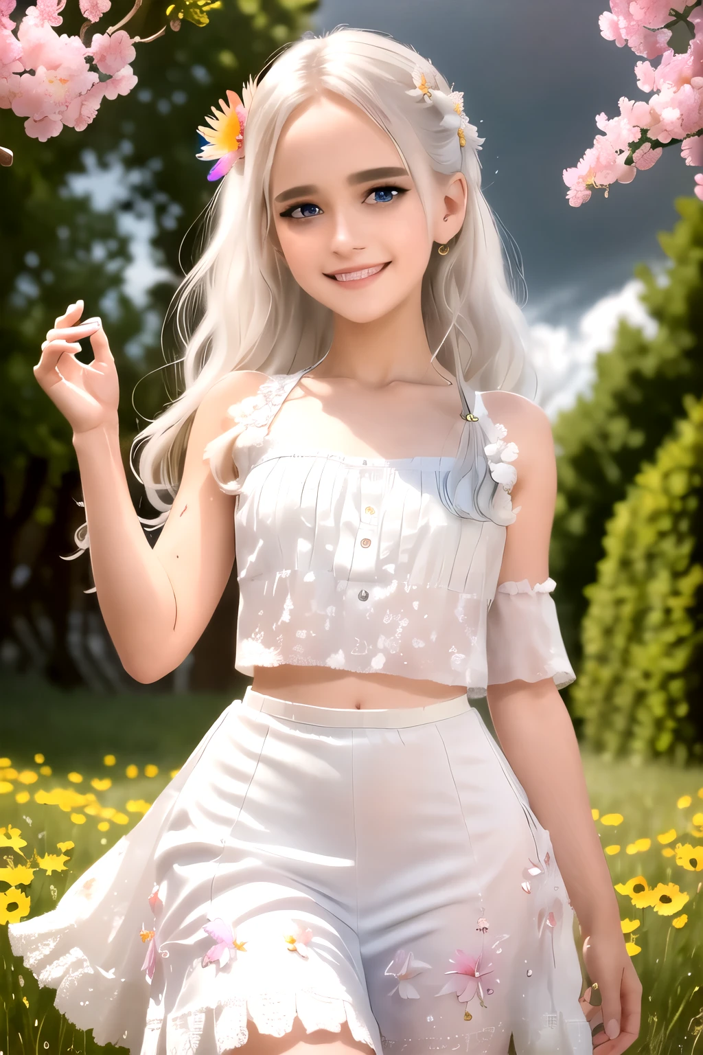 masterpiece, best quality, 1girl, (colorful),(finely detailed beautiful eyes and detailed face),cinematic lighting,bust shot,extremely detailed CG unity 8k wallpaper,white hair,solo,smile,intricate skirt,((flying petal)),(Flowery meadow) sky, cloudy_sky, building, moonlight, moon, night, (dark theme:1.3), light, fantasy,
