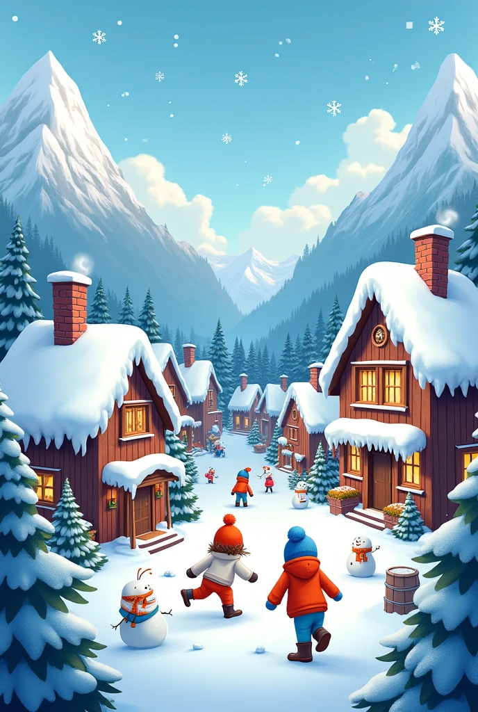 Village among mountains and forests, harsh winter, cartoons 