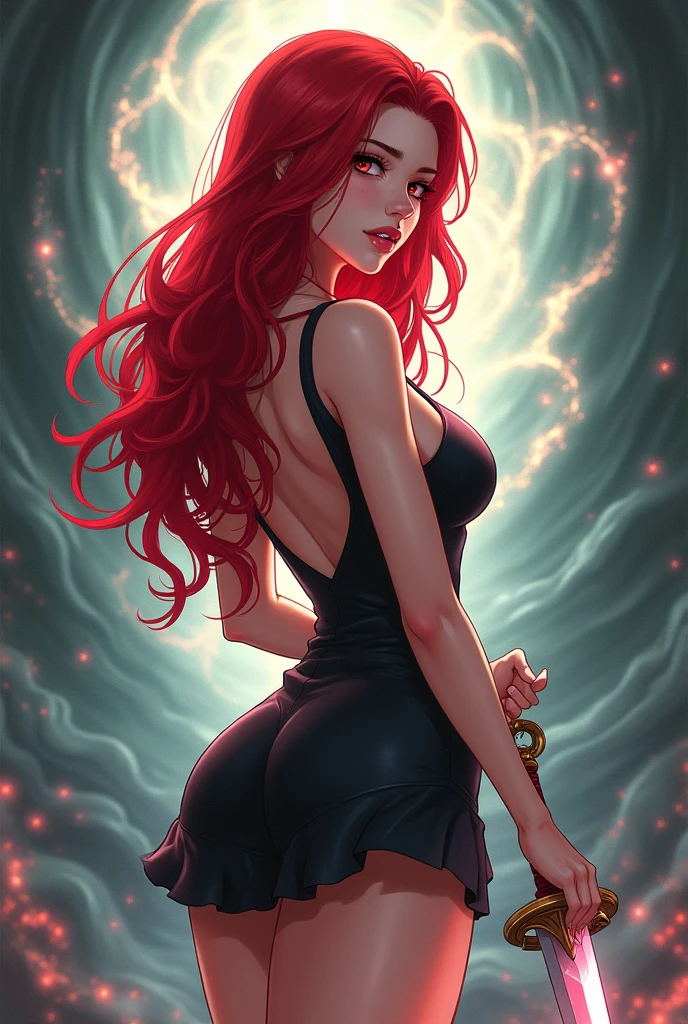 Adult anime woman Red hair sexy short dress suggestive pose dagger casting mental spell
