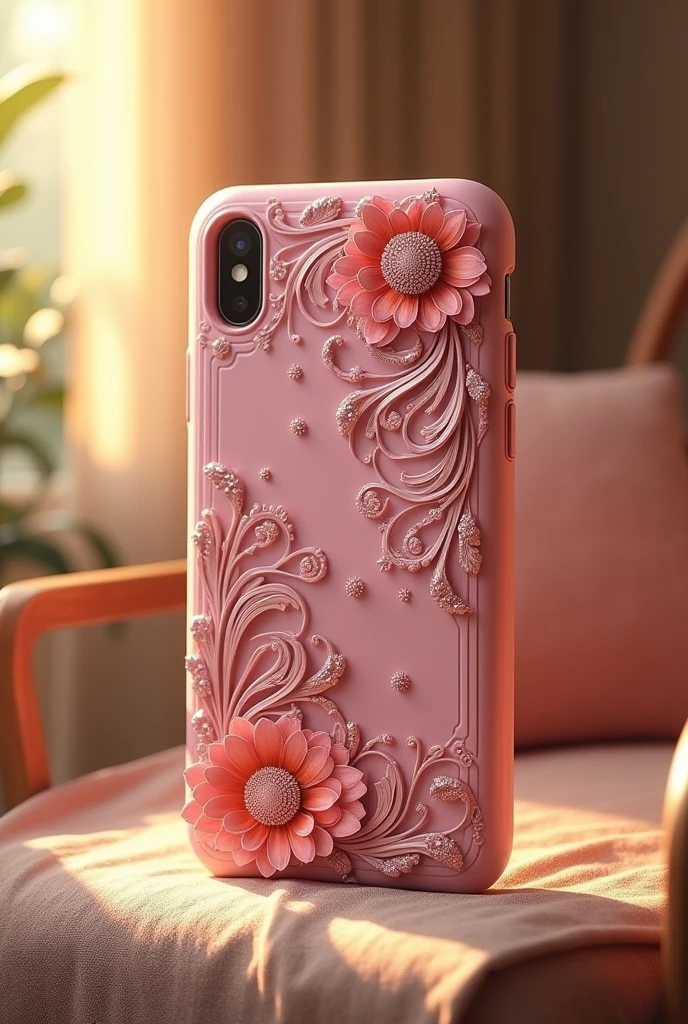 (photorealism:1.2), beautiful pink phonecase amazon, intricate details, warm colors, by Greg Rutkowski, by Alphonse Mucha