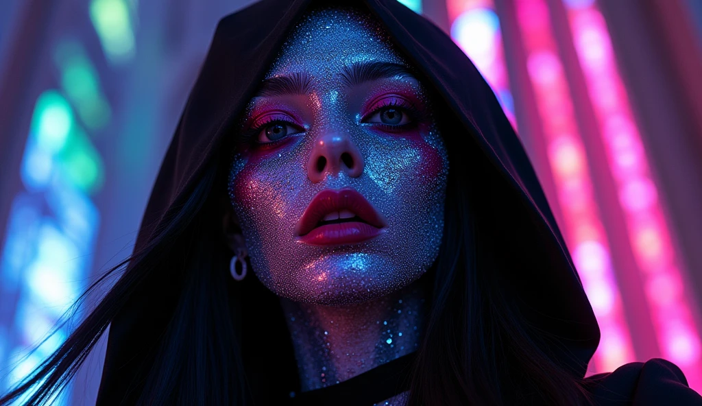Photorealistic 3d portrait of gorgeous goth death priest kawaii punk rock anime folk haute couture costume, of cosmic alex grey painting in a dmt black light glitter neon black rainbow glitter holographic paris fashion church at dark night 70mm film, art by salvador dali and holy mountain the movie.