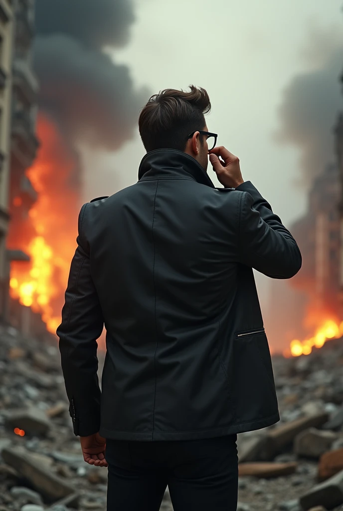 Handsome boy back side view with glasses, destroy city, 5 feet 7 inches height, businessman, stylist car jacket, body fits, medium long stylist normal hair,