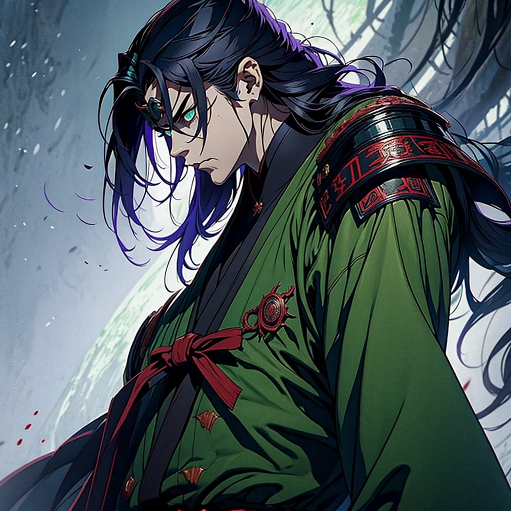 vampyre. naughty man. Youngh. green eyes . cabelo roxo. stark. Cao Cao. Japanese Imperial General's uniform. standing alone. standing alone. alone.