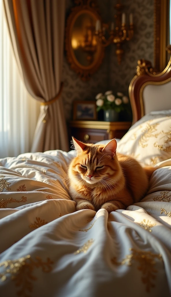 Un chat, roux, mignon, dans un lit, dans une chambre luxueuse, qui se réveille, et qui est en fort surpoids