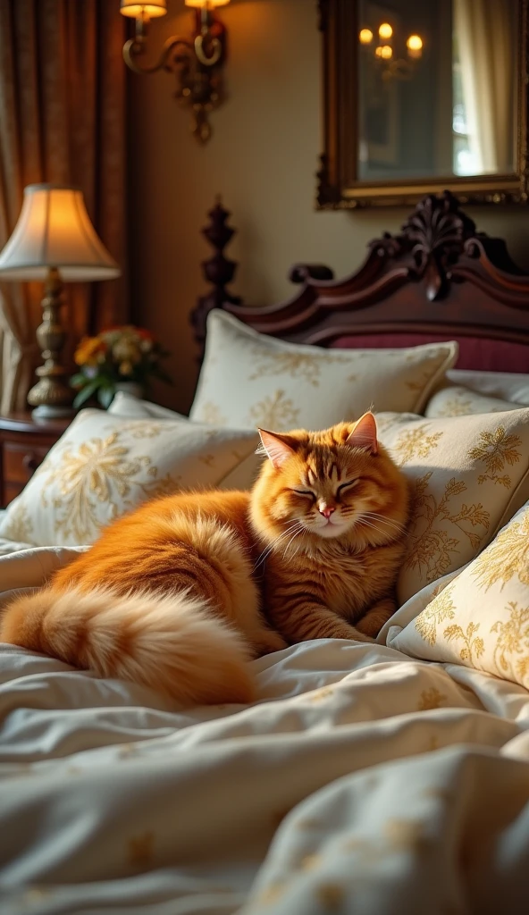 Un chat, roux, mignon, dans un lit, dans une chambre luxueuse, qui se réveille, et qui est en fort surpoids 