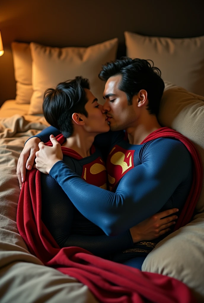 Young handsome naked Asian man kisses and hugs and fucked by big bulge Superman on a bed