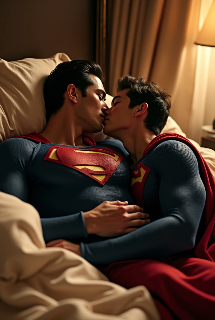 Young handsome naked Asian man kisses and hugs and fucked by big bulge Superman on a bed