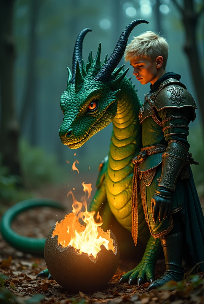 Dark green dragon hatchling emerging from its egg surrounded by a circle of fire, next to a handsome young man with short platinum blonde hair in a medieval style