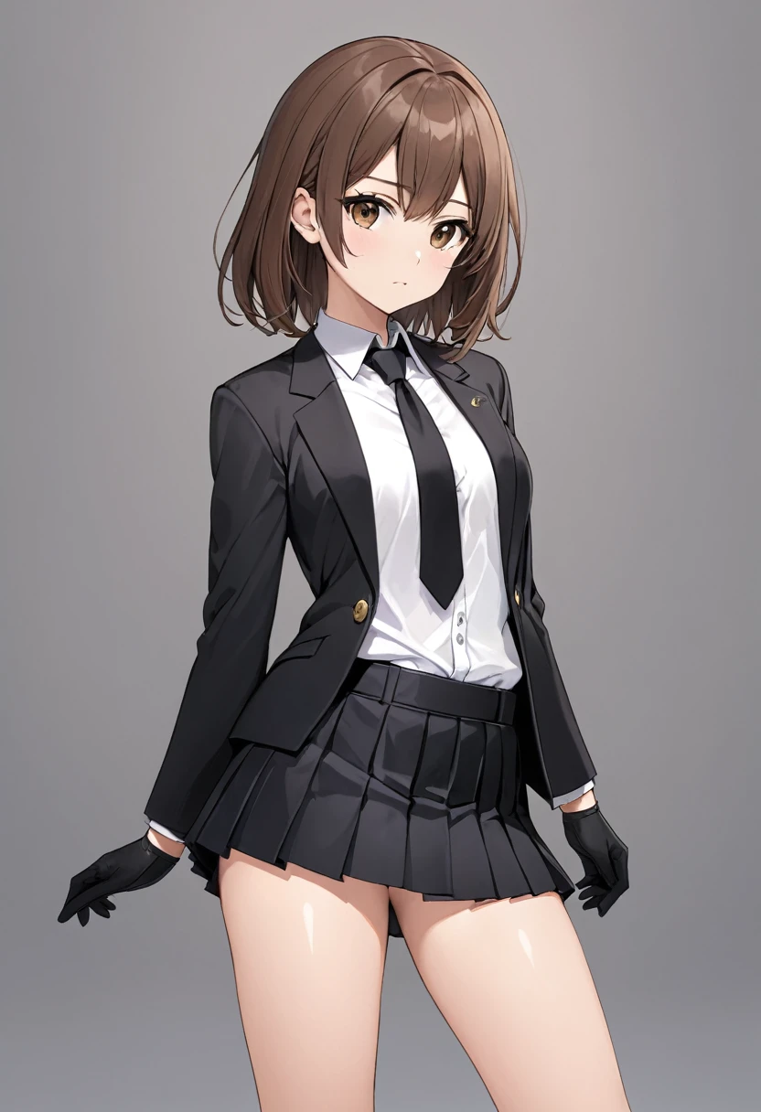 Black miniskirt , pleated skirt , black shoes ,whole body , thighs , brown hair , brown eyes , bare legs , face , Black gloves , White shirt , black tie , button open blazer , standing posture , Black waistband , close up