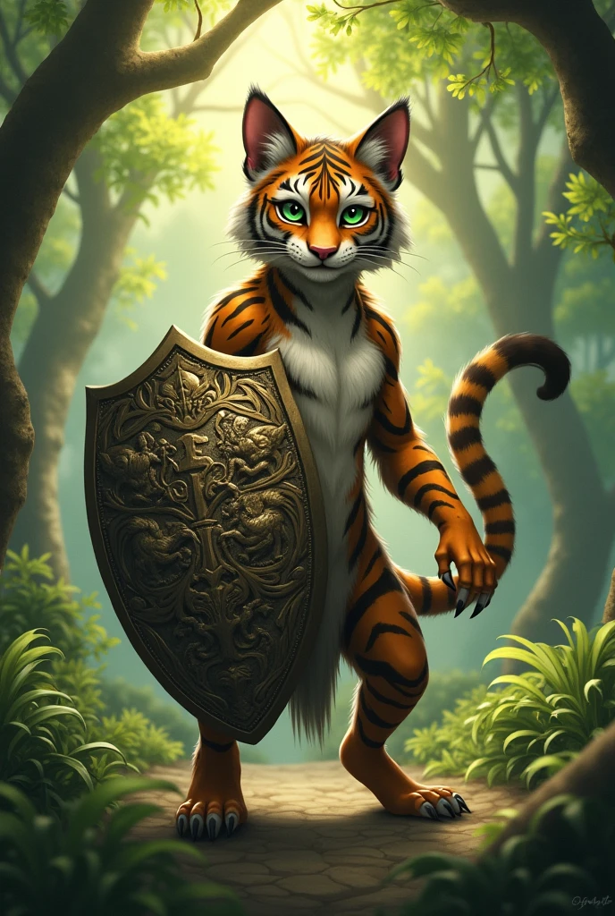 I want you to make a picture of a humanoid feline holding a large shield in its left arm