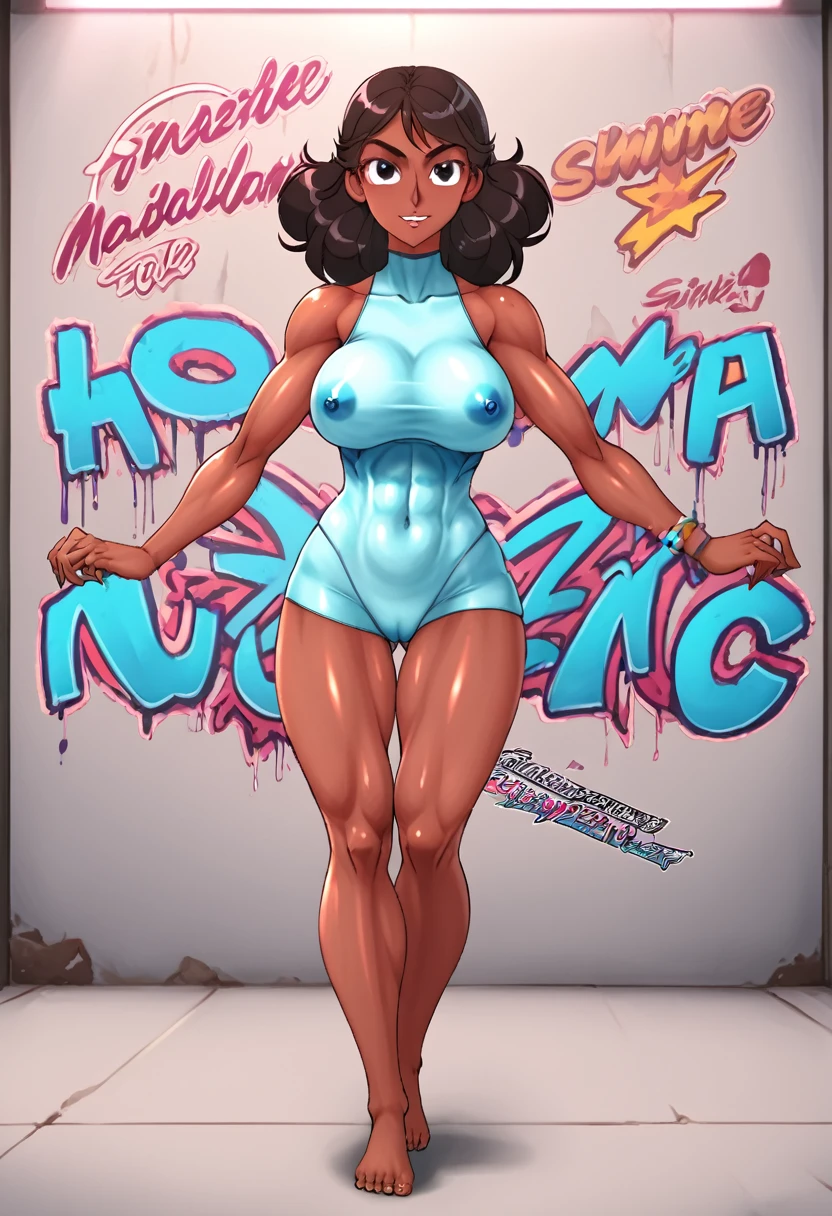 Graffiti background, masterpiece, ultra-detailed, Unreal 5,Hdr,uhd, highest-resolution, highest quality,character Graphic, glossy slick, fullbody protrait, woman, navy blue bodypaint, dark Reddish-brown skin,strong sensuous, well-built , Perfect hourglass physique, amazing dark skin, light black eyes, flowing, shining, wavy black hair tied in a bun, strong oblong-shaped face, narrow convex hooked nose. strong, toned, busty , splash-art, dynamic posing, dynamic perspective, , , connie_maheswaran, Murakami_Teruaki