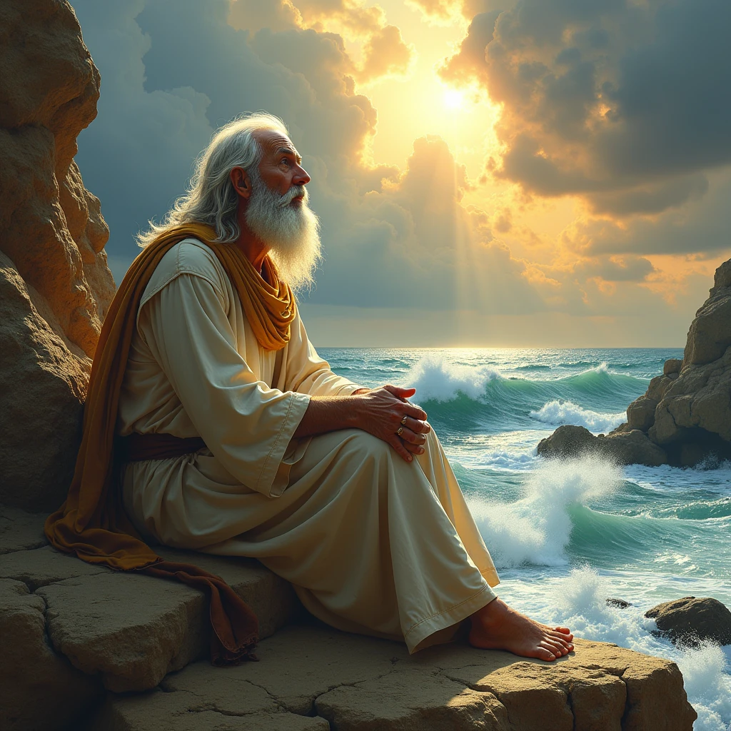 The Apostle John, an elderly man with a white beard, sitting on the rocky shores of the island of Patmos. He gazes upward, his face illuminated by a divine light as he receives a vision. Behind him, a vast, turbulent sea stretches to the horizon.