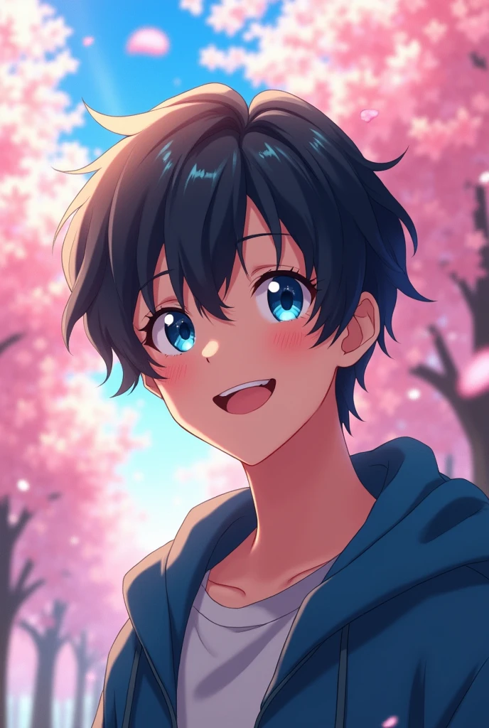 black hair, boy, blue eyes, blue fringe, smile, realistic anime