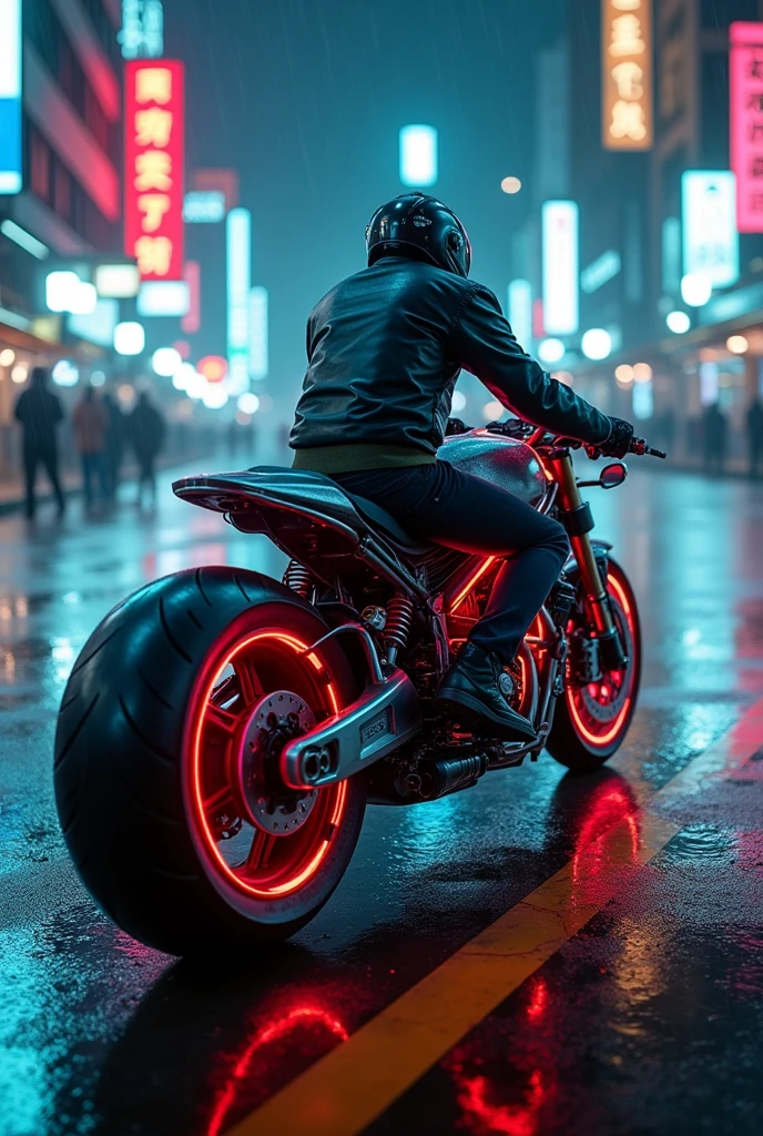 detailed cyberpunk motorcycle, futuristic motorcycle, riding on the road, motorcycle from behind, 1 person on a motorcycle, intricate details, High resolution, 8k, Photorealistic, hyper detailed, cinematic lighting, Dynamic motion blur, gritty urban environment, Neon lights, glowing cybernetic elements, chrome details, worn texture, mecha inspired design, complex machinery, industrial urban landscape, Changing the color palette, (Best Quality,4k,8k,High resolution,masterpiece:1.2),ultra detailed,sharp focus,(realist,photorealist,fotorrealista:1.37), Extremely fine,intricate details,intense lighting,dramatic lighting,lighting change,cinematic lighting,chiaroscuro lighting,dramatic shadows,dramatic moments,vivid colors,intense colours,Deep contrast,cinematic depth of field,cinematographic composition,cinematic camera angle