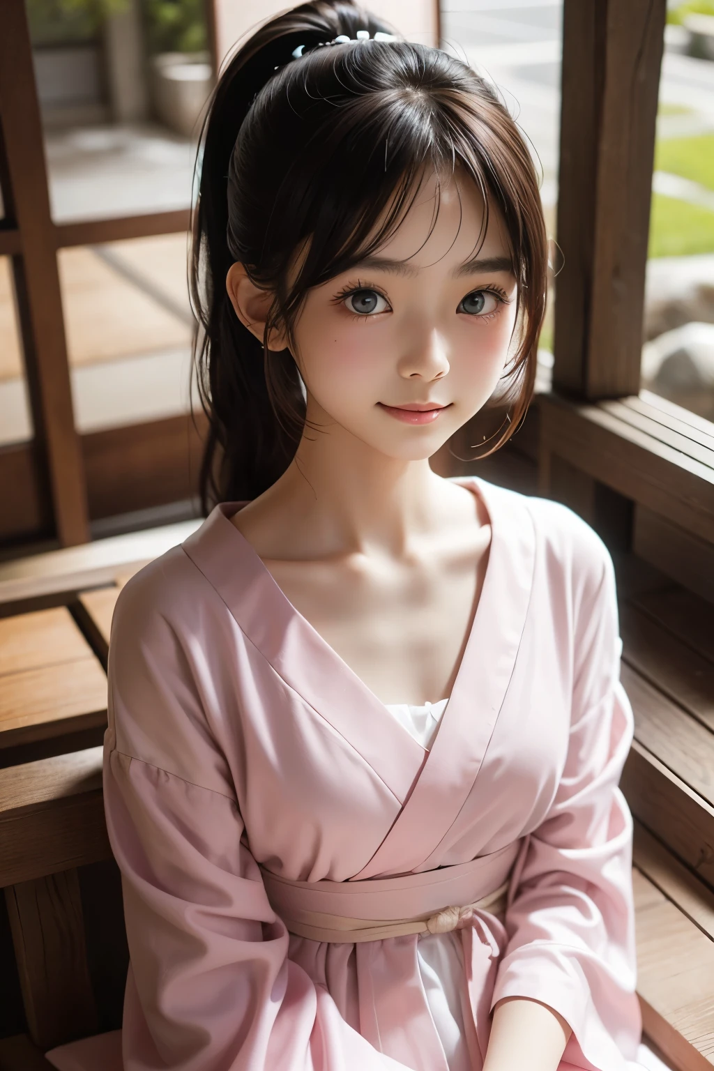 Beautiful 16 year old Japanese woman), cute face, (deeply carved face:0.7), (freckles:0.6), soft light,healthy white skin, shy, (serious face), thin, smile, japanese , ponytail, wearing pink dress.