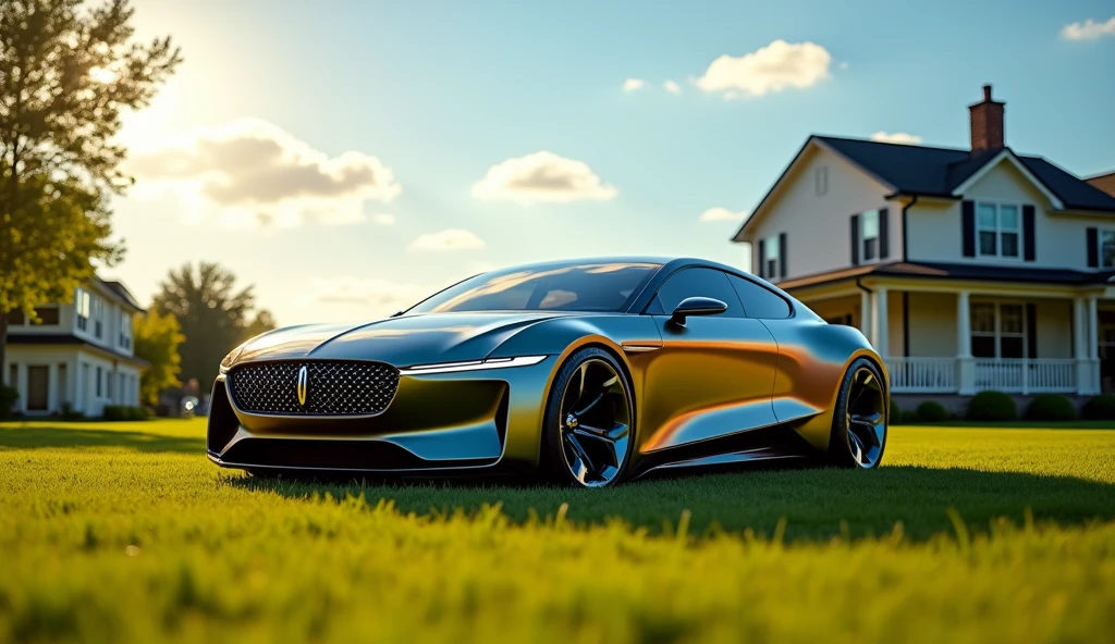 A striking, cinematic photograph showcases a sleek and futuristic 2024 Lincoln Coupe, inspired by the next generation of automotive design. This captivating side view portrait reveals the car's vibrant metallic exterior, which stands out boldly against the lush green lawn and the clear blue sky adorned with a few fluffy clouds. The sun casts a warm, golden hue on the scene, highlighting the modern elegance and innovative technology of the car. In the background, a quintessential American suburban house provides a comforting contrast, symbolizing the harmonious blend of suburban tranquility and cutting-edge transportation.