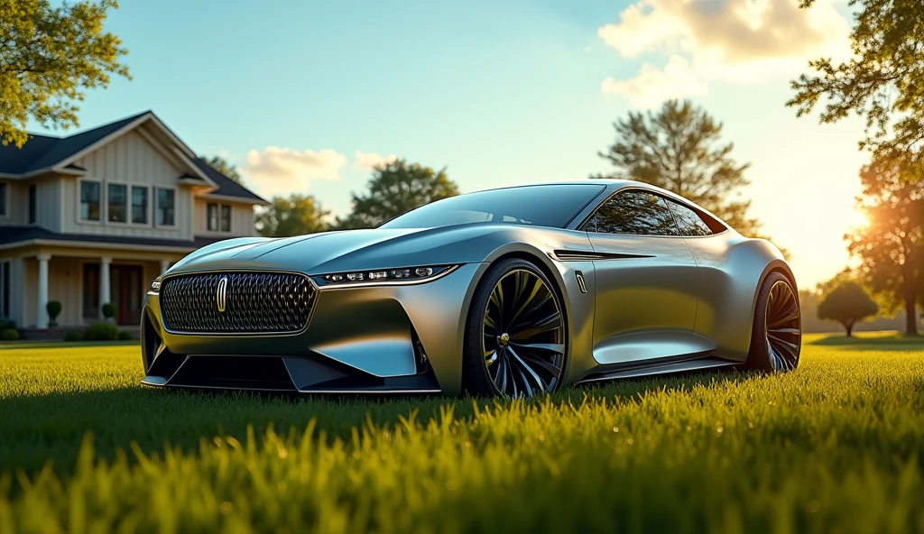 A striking, cinematic photograph showcases a sleek and futuristic 2024 Lincoln Coupe, inspired by the next generation of automotive design. This captivating side view portrait reveals the car's vibrant metallic exterior, which stands out boldly against the lush green lawn and the clear blue sky adorned with a few fluffy clouds. The sun casts a warm, golden hue on the scene, highlighting the modern elegance and innovative technology of the car. In the background, a quintessential American suburban house provides a comforting contrast, symbolizing the harmonious blend of suburban tranquility and cutting-edge transportation.