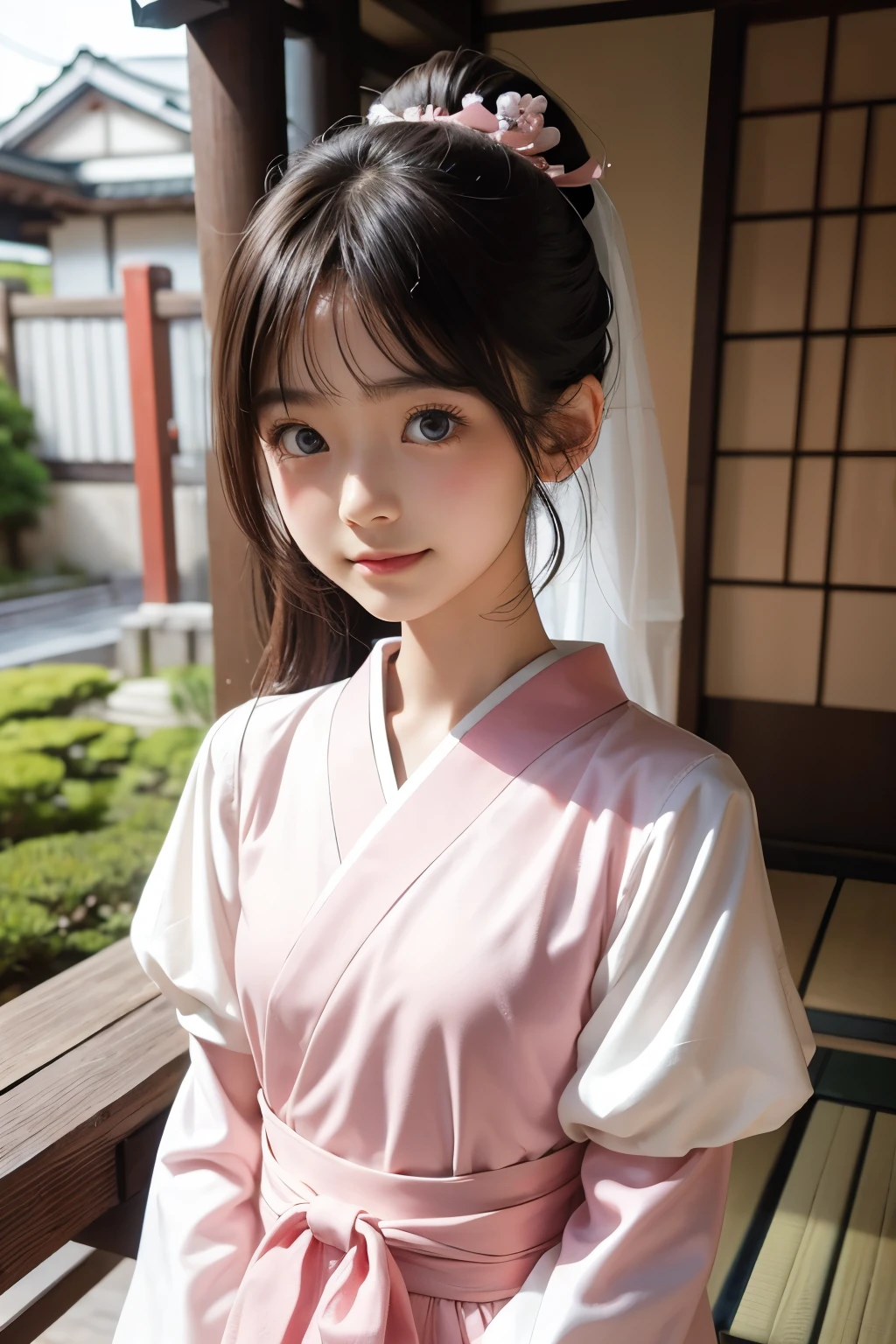 Beautiful 16 year old Japanese woman), cute face, (deeply carved face:0.7), (freckles:0.6), soft light,healthy white skin, shy, (serious face), thin, smile, japanese , ponytail, wearing pink dress.