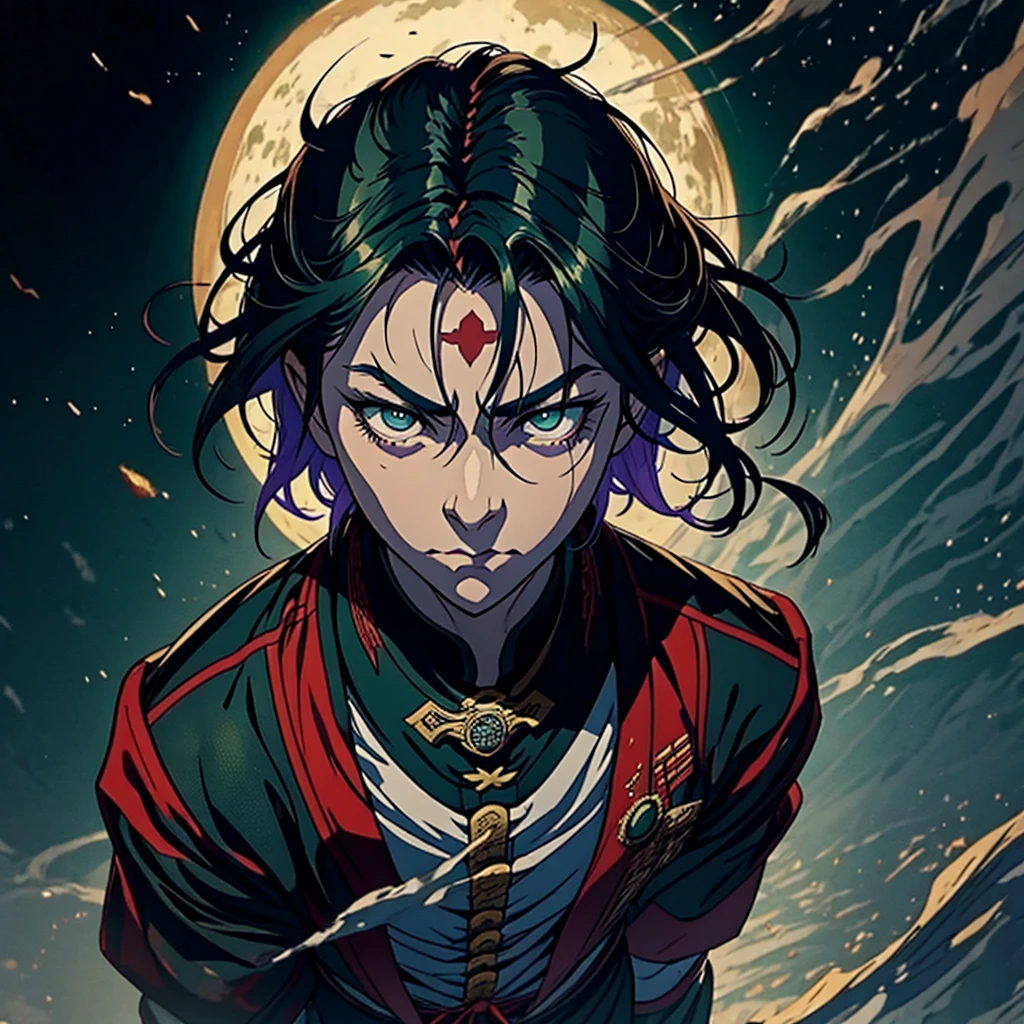 vampyre. naughty man. Youngh. green eyes . cabelo roxo. stark. Cao Cao. Japanese Imperial General's uniform. standing alone. standing alone. alone.