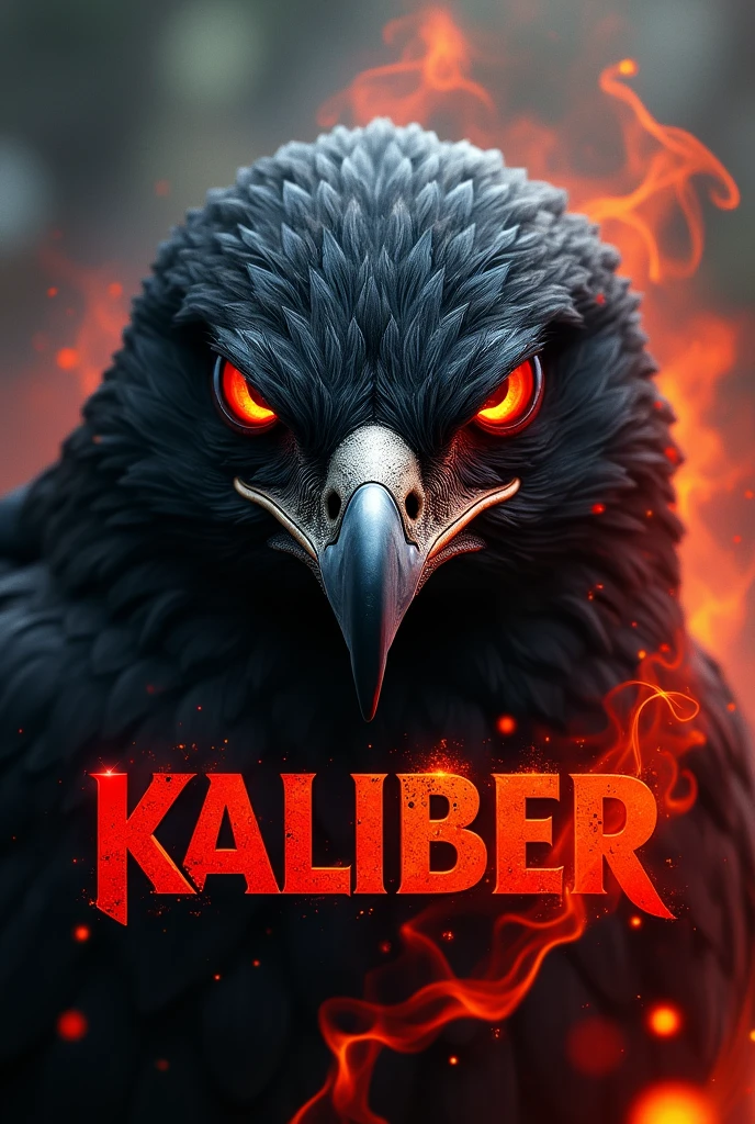 Just the face of a black faced hawk logo with red eyes with the words kaliber below it with Fire and smoke in the background