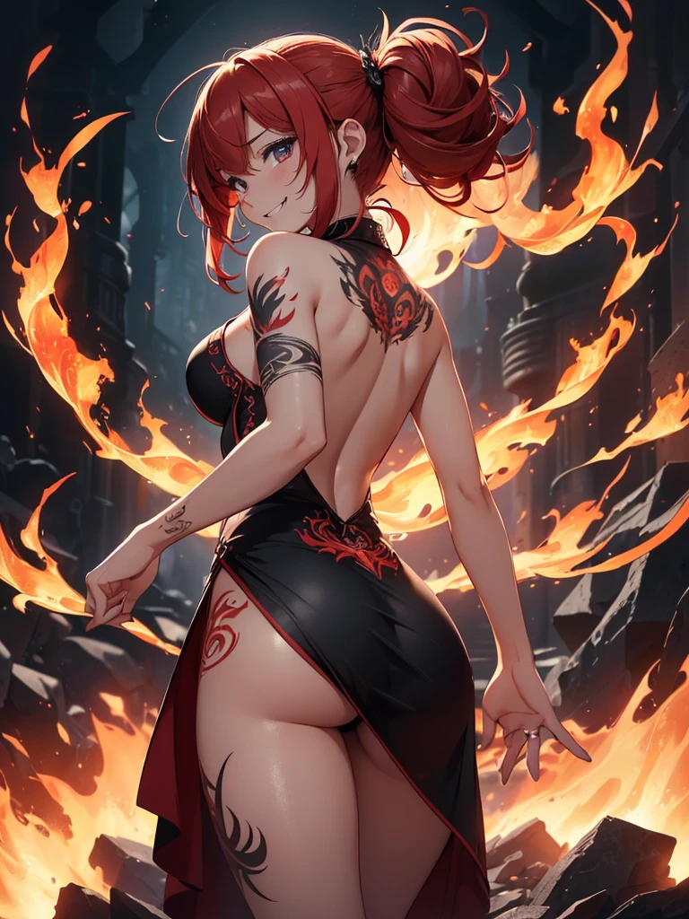 (((best quality, sharp image, clear image, cinematic lighting, 8k resolution, masterpiece, ultra detailed, intricate))) Girl, (((With her ass wide open))), (shot from behind), ((shot from hip up)), fiery red hair, pigtails, ((intricate black dress)), ((flaming sigils, flaming runes)), spiky rock formations, (flaming lotus flowers frame), (intricate background), (chaotic background), ((Phoenix)), (swirling flames), smiling,tatoo on back