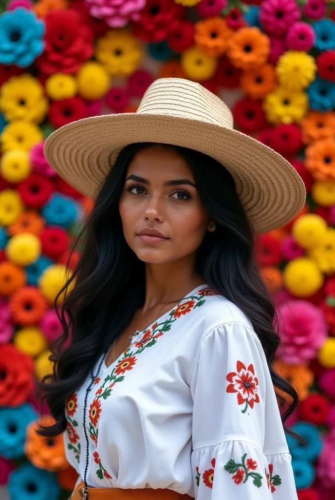 Generate an image of a beautiful 26-year-old woman of MEXICAN and Latin origin looking at the camera. His eyes are black and deep, has full lips, tanned dark skin. her hair is long, Wavy, dark black . Your traditional MEXICAN attire. The woman wears a white blouse and a typical straw hat..  Next to her is an elaborate and vibrant floral arrangement during a cultural festival.. The flowers are a mix of reds, yellow, bright blues and pinks, densely arranged to form a large, circular screen, representing a typical scene of the FERIA DE FLORES, vivid colors, Shocking image