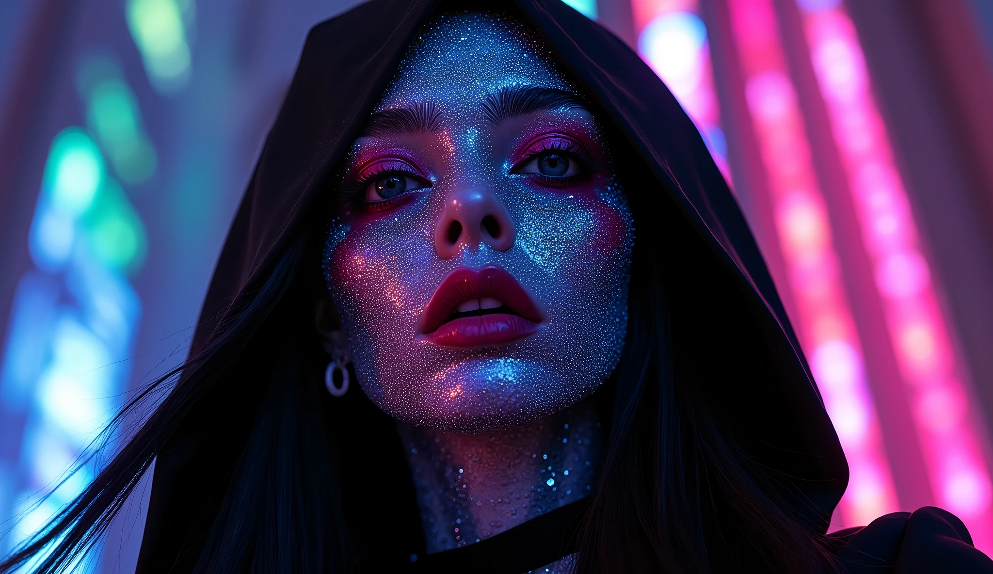 Photorealistic 3d portrait of gorgeous goth death priest kawaii punk rock anime folk haute couture costume, of cosmic alex grey painting in a dmt black light glitter neon black rainbow glitter holographic paris fashion church at dark night 70mm film, art by salvador dali and holy mountain the movie.