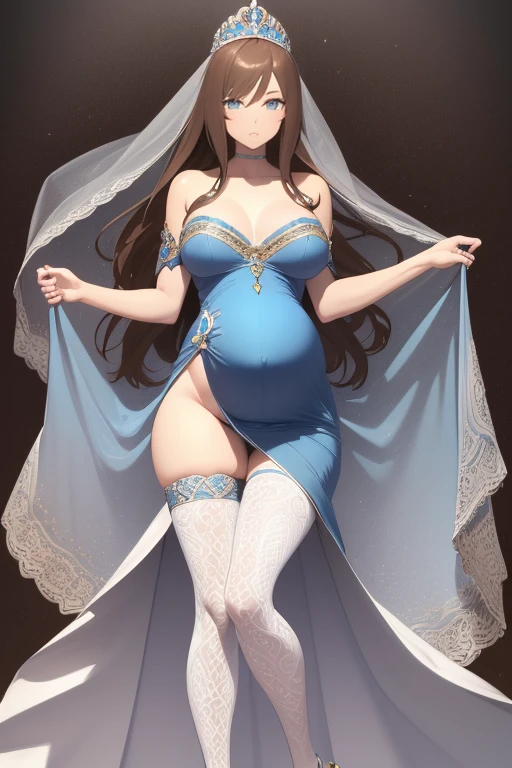 8k, masterpiece, very realistic, Full body (Sexy pregnant queen 1.2), very slim waist, slim thighs, elaborate detailed light blue detailed embroidered formal dress, (long straight flowing brown hair 1.2), elaborate detailed patterned white stockings, medium breasts, pregnant, (curved back 1.2), silver tiara with light blue gems