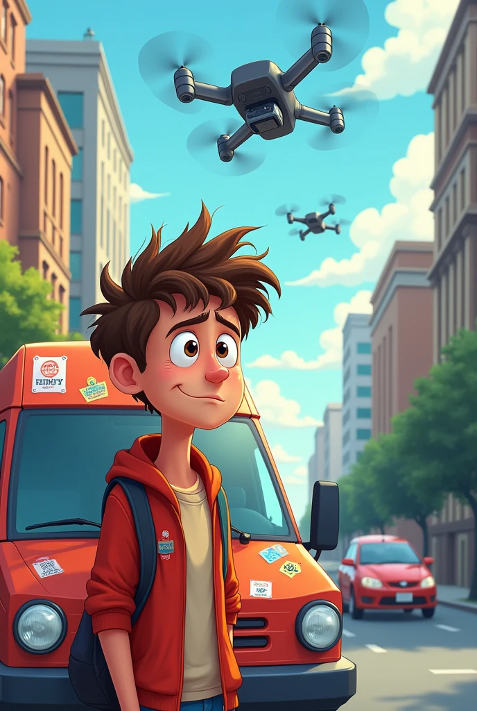 home delivery driver without a beard, young and sad seeing his work being replaced by drones and autonomous vehicles to make deliveries in cartoon