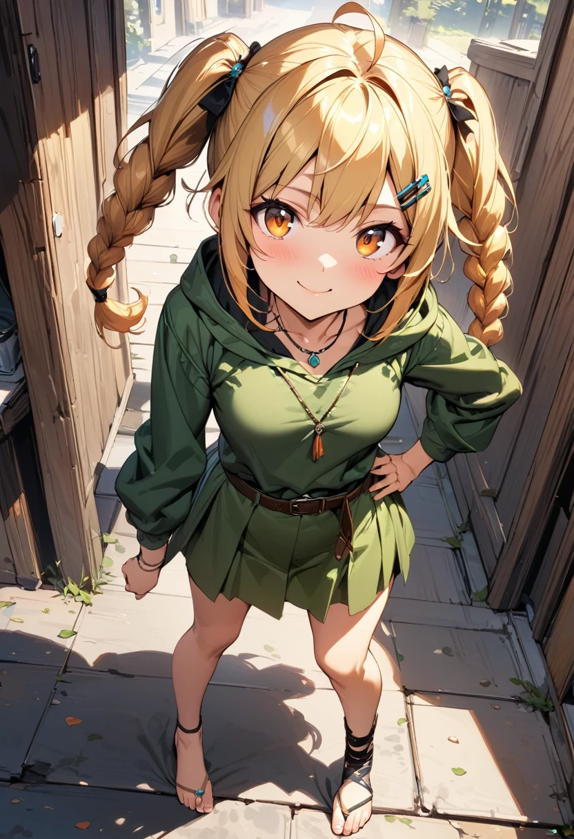 (masterpiece),(best quality),(ultra-detailed),(best illustration),(best shadow),(absurdres),(detailed background),(very aesthetic), 1girl, solo, twin-braids, braid, ankle-wrap, long-hair, blonde-hair, smile, simple-background, hair-ornament, ahoge, hood, hood-down, orange-hair, necklace, jewelry, full-body, looking-at-viewer, barefoot, toeless-legwear, hairclip, twintails, skirt, long-sleeves, orange-eyes, belt, breasts, green clothes,