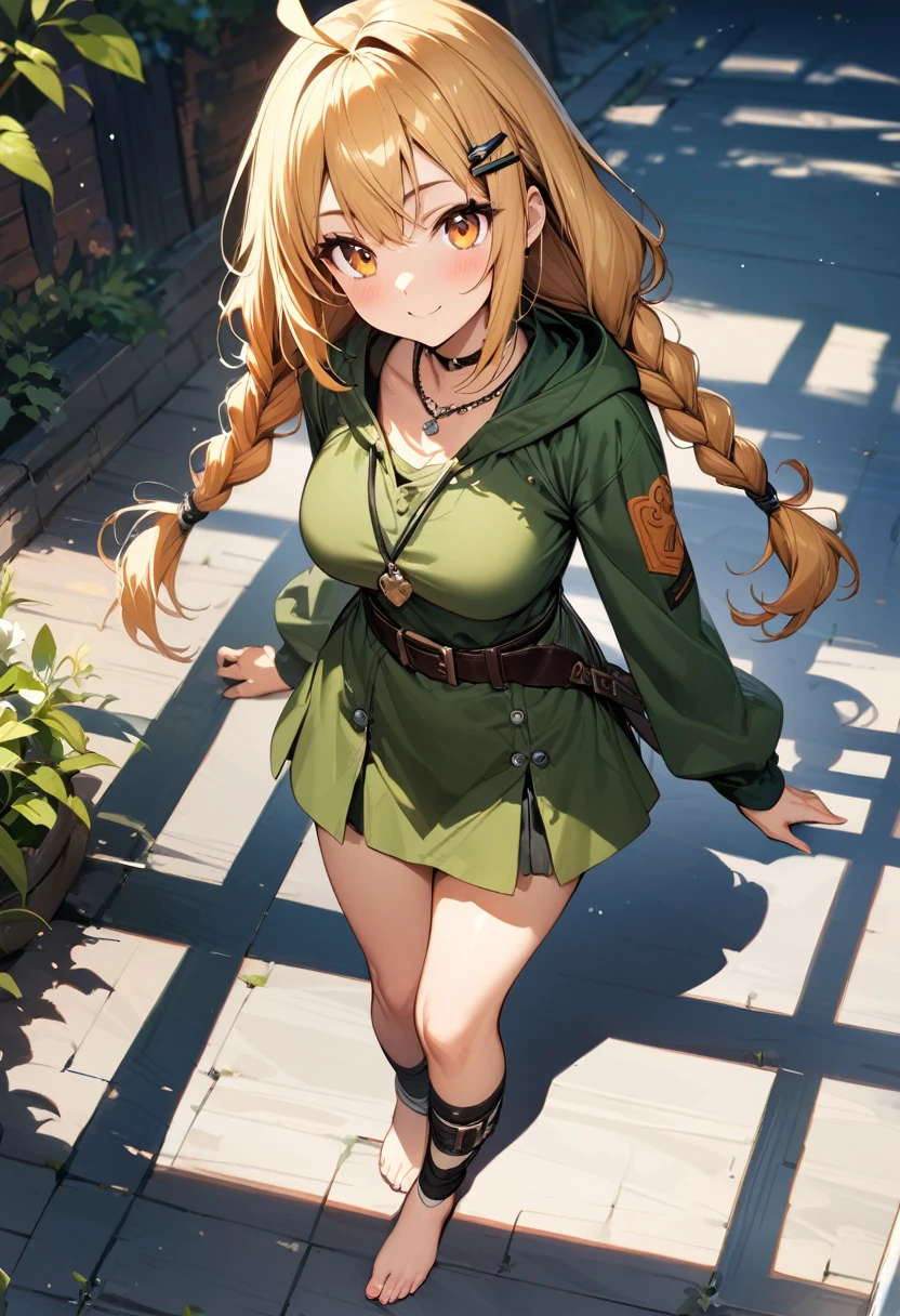 (masterpiece),(best quality),(ultra-detailed),(best illustration),(best shadow),(absurdres),(detailed background),(very aesthetic), 1girl, solo, twin-braids, braid, ankle-wrap, long-hair, blonde-hair, smile, simple-background, hair-ornament, ahoge, hood, hood-down, orange-hair, necklace, jewelry, full-body, looking-at-viewer, barefoot, toeless-legwear, hairclip, twintails, skirt, long-sleeves, orange-eyes, belt, breasts, green clothes,
