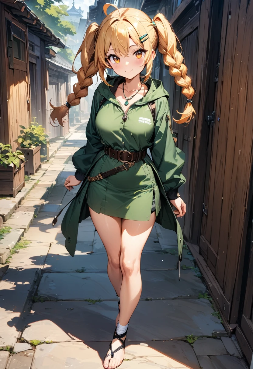 (masterpiece),(best quality),(ultra-detailed),(best illustration),(best shadow),(absurdres),(detailed background),(very aesthetic), 1girl, solo, twin-braids, braid, ankle-wrap, long-hair, blonde-hair, smile, simple-background, hair-ornament, ahoge, hood, hood-down, orange-hair, necklace, jewelry, full-body, looking-at-viewer, barefoot, toeless-legwear, hairclip, twintails, skirt, long-sleeves, orange-eyes, belt, breasts, green clothes,
