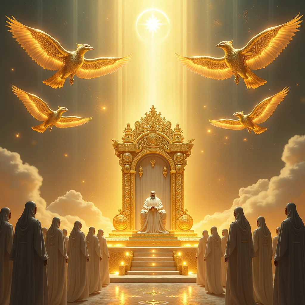 A majestic throne surrounded by 24 elders in white robes, seated in a semi-circle. Above the throne, four powerful, otherworldly creatures with wings and eyes all over their bodies. The throne emits a radiant, golden light, symbolizing divine authority.