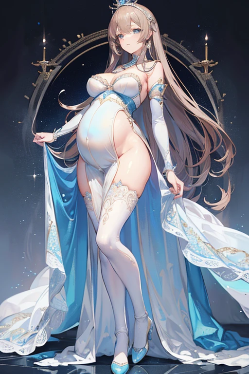 8k, masterpiece, very realistic, Full body (Sexy pregnant queen 1.2), very slim waist, slim thighs, elaborate detailed light blue detailed embroidered formal dress, (long straight flowing brown hair 1.2), elaborate detailed patterned white stockings, medium breasts, pregnant, (curved back 1.2), silver tiara with light blue gems 