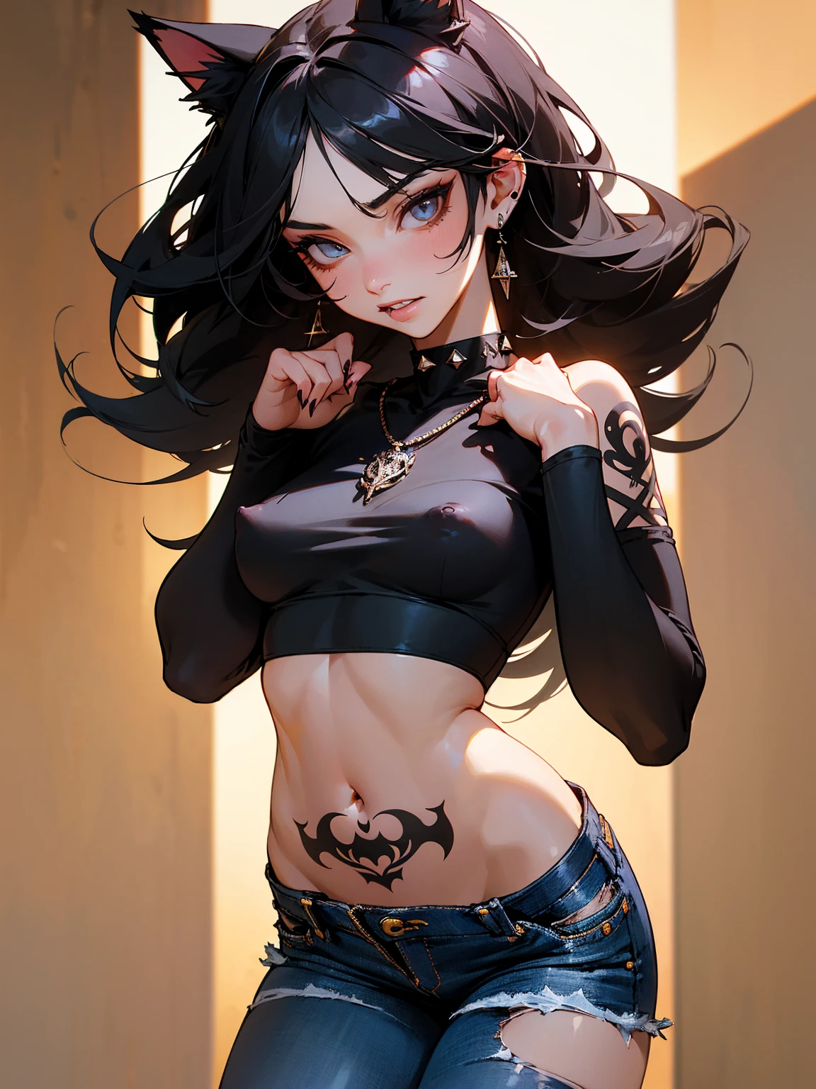 ((Long Straight Black hair)), Perfect face, Choker, Punk earrings, ((Tall)), ((High Quality)), Necklace, ((Mature)), Pretty Eyes, Sharp Nails, Bangs, ((1 Girl)), ((Multiple Earrings)), 1 girl, Spiky Earrings, Adult, Spiked Collar, Thin Eyelashes, ((Short Jeans)), ((Crop Top)), Close Up, Tall, Long Legs, ((Dynamic Pose)), Vibrant Colors, Sexy, Suggestive, Sexually Suggestive, Skinny, Teasing, Slender Body, Stylish, Bangs, Thick Eyeliner Around The Eyes, Tattoo Of Roses On Her Body, Small Eyes, Perfect Body, Sensual, Very Sharp Teeth, Thigh Highs, Punk, Close Up, Cat Girl, Very Large Cat Ears, (Realistic:1.3), (masterpiece:1.2), (photoRealistic:1.2), (highest quality), (Detailed skin:1.3), (Intricate details), ((1 woman)), Detailed skin texture, Peachy Butt, NSFW, Naked, Nipples, Vagina,