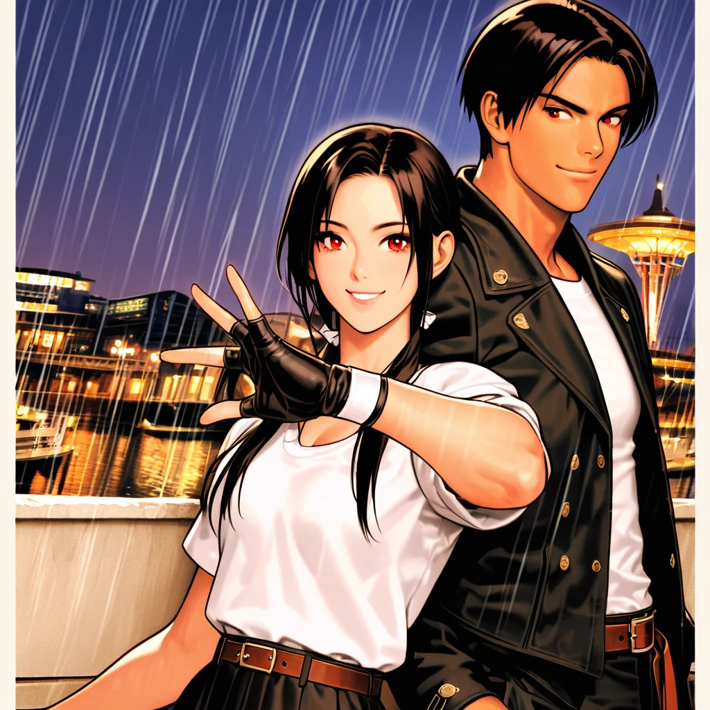 color changing, couple, dark skin, red eyes, ((rolled up black jacket)), fingerless gloves, black hair, white t-shirt, ((white potholder)), black pants, white shoes, brown belt, handsome, photo, charming, masterpiece, high resolution, detailed face, fine grain, confident smile Paradox Singapore Merchant's Court at Clarke Quay, Singapore, man and woman, smiling, man and woman identical hairstyle and clothing, peace sign. Rain, man and woman eating on terrace with lovers, drinking juice, man and woman minding the rain,