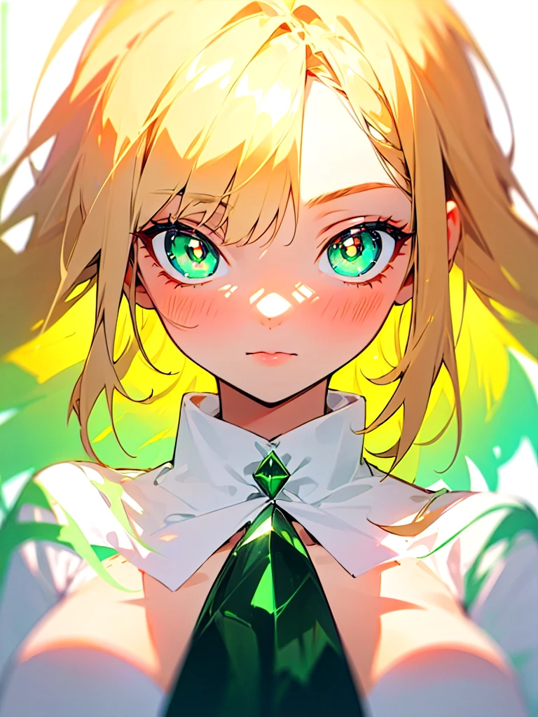 beautiful cute and gentle girl, blonde hair, green emerald eyes glowing, shiny white background with clouds, perfect symmetrical eyes and pupils, mysterious look, blur and soft colors