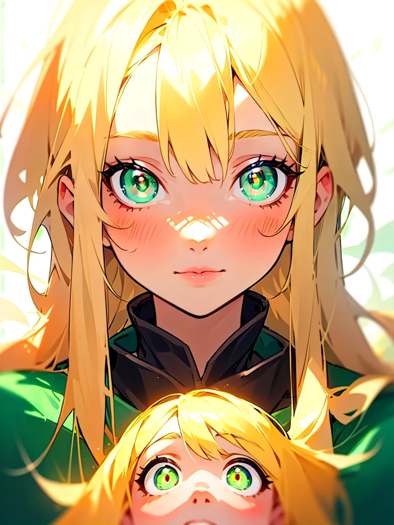 beautiful cute and gentle girl, blonde hair, green emerald eyes glowing, shiny white background with clouds, perfect symmetrical eyes and pupils, mysterious look, blur and soft colors