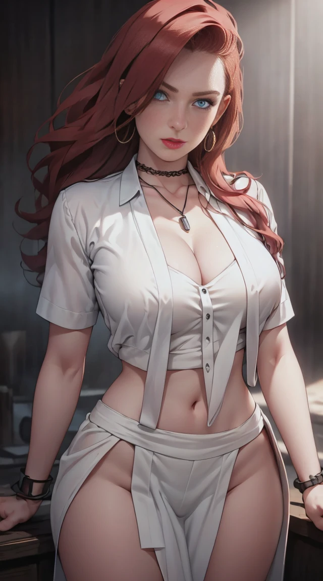 (+18)1 beautiful woman, 23 years old, bright red hair, pale white skin (realistic skin details, realistic skin), bright blue eyes (very detailed and vivid eyes), red lips, makeup, necklace, earrings, choker, accessories, perfect body , perfectly round butt, without clothes, looking at viewer, sexy pose, (perfect hands), (hands with 5 fingers), (masterpiece), (Photorealistic), (8K), (realistic lighting),