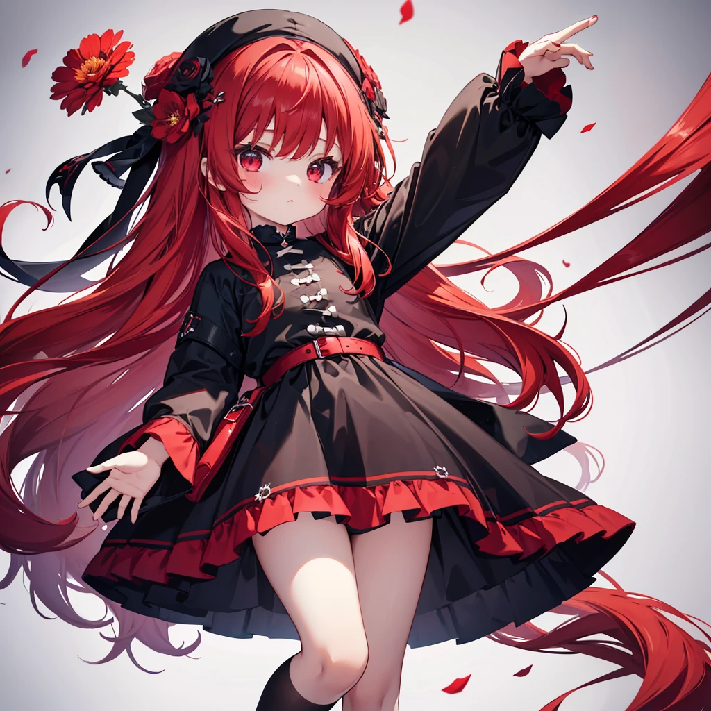 a small child girl with long red hair adorned with dark red flower, black and white dress with red accents and white tights.